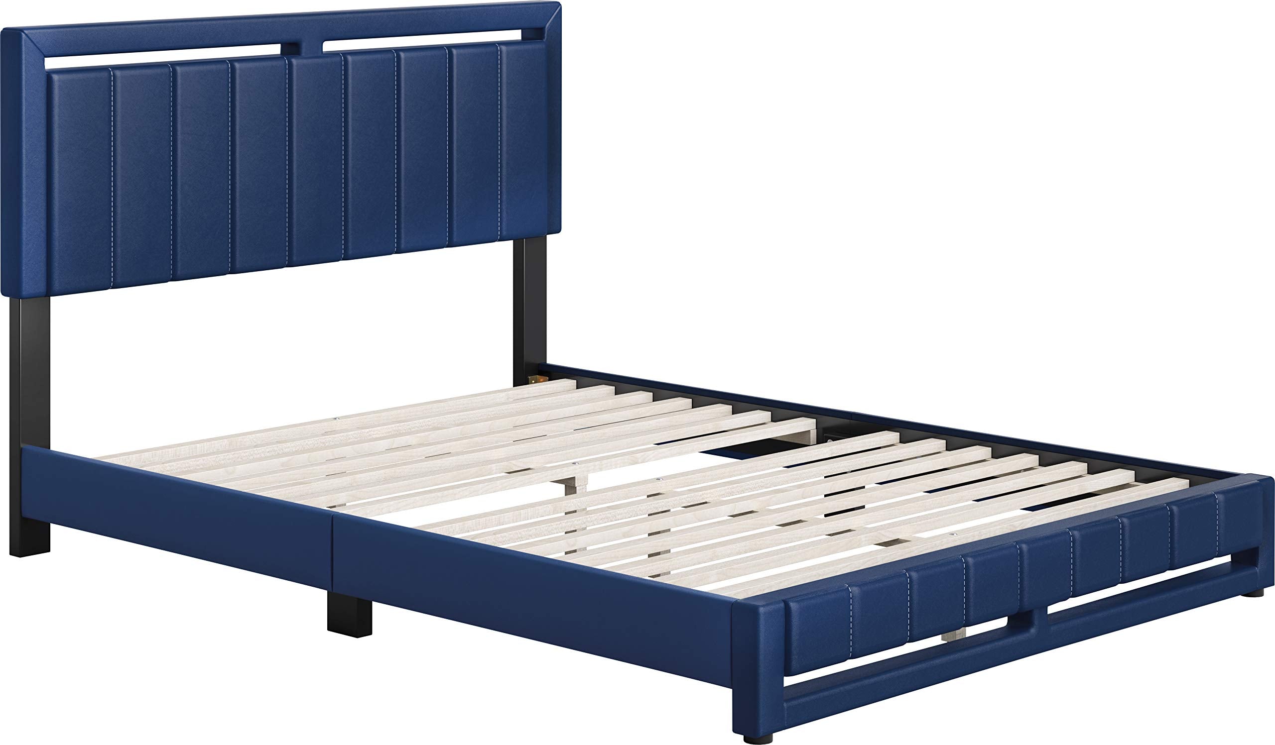Boyd Sleep Beaumont Upholstered Platform Bed with Headboard, Mattress Foundation with Strong 14 Wood Slat Supports, No Box Spring Required, Blue Faux Leather, Size King